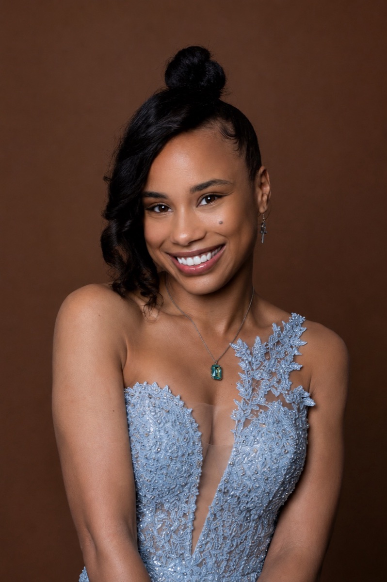 Jada in an ice-blue beaded gown